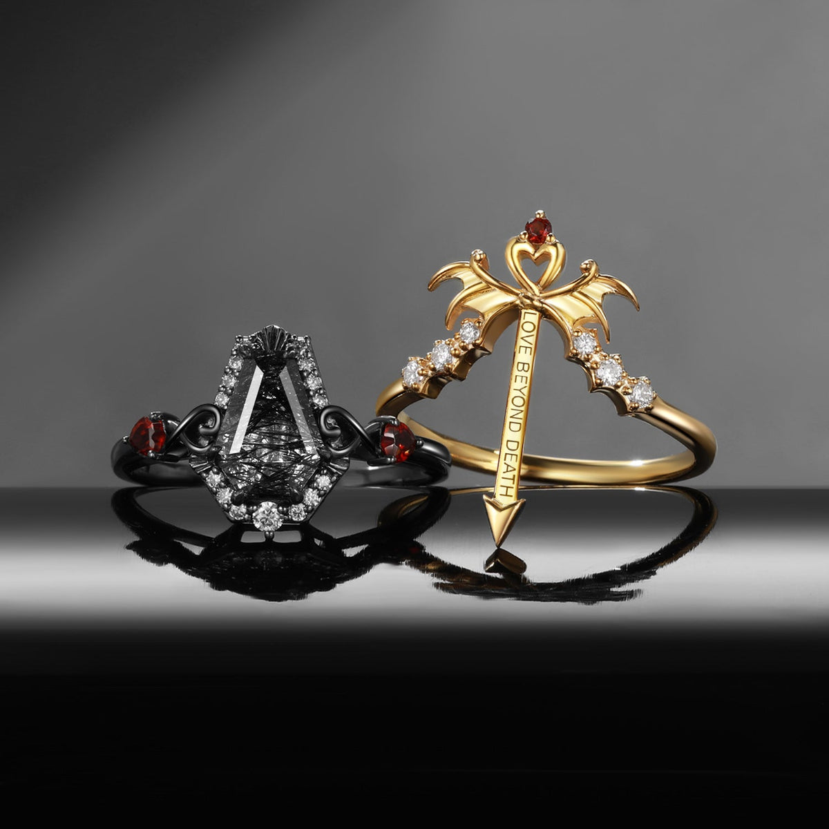 'Dark Arrow of Love' - Gothic Bat Wing Inspired Coffin Black Rutilated Quartz Two-Tone Bridal Set 2pcs