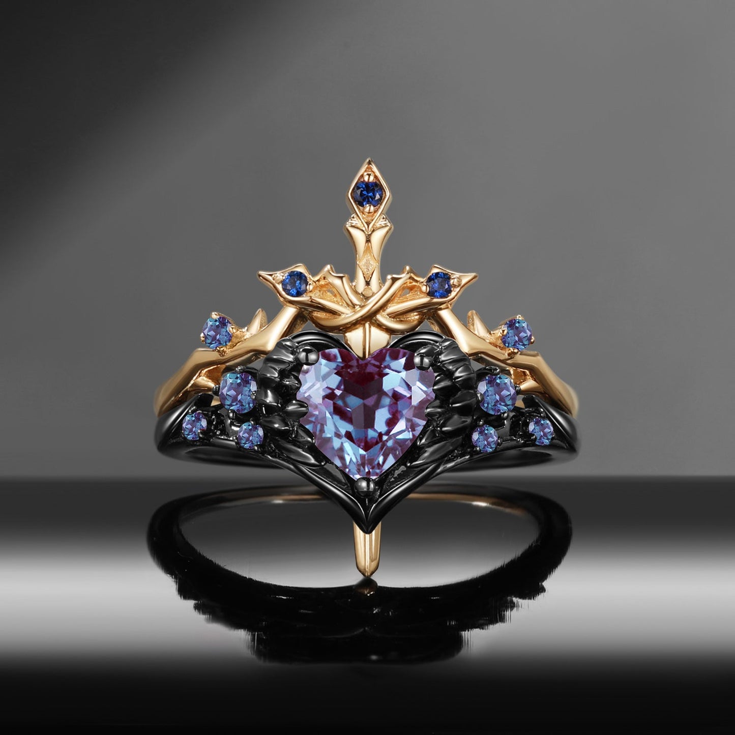 'Pierced Heart' - Gothic Inspired Lab Sapphire Heart Sword Ring Two-Tone Bridal Set
