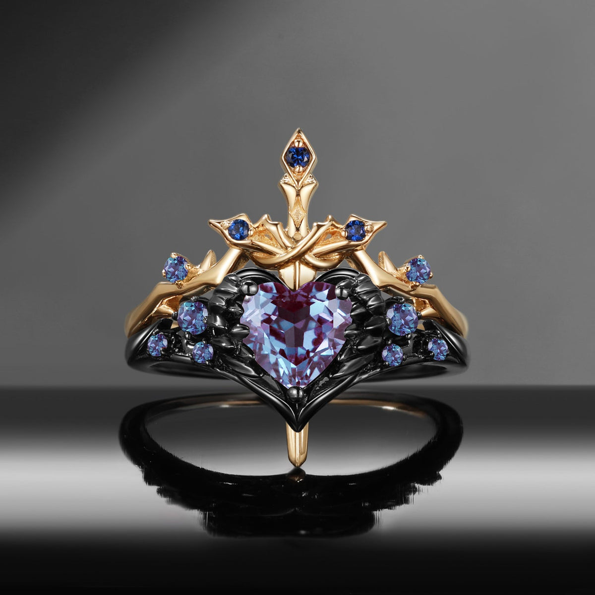 'Pierced Heart' - Gothic Inspired Natural Amethyst Heart Sword Ring Two-Tone Bridal Set