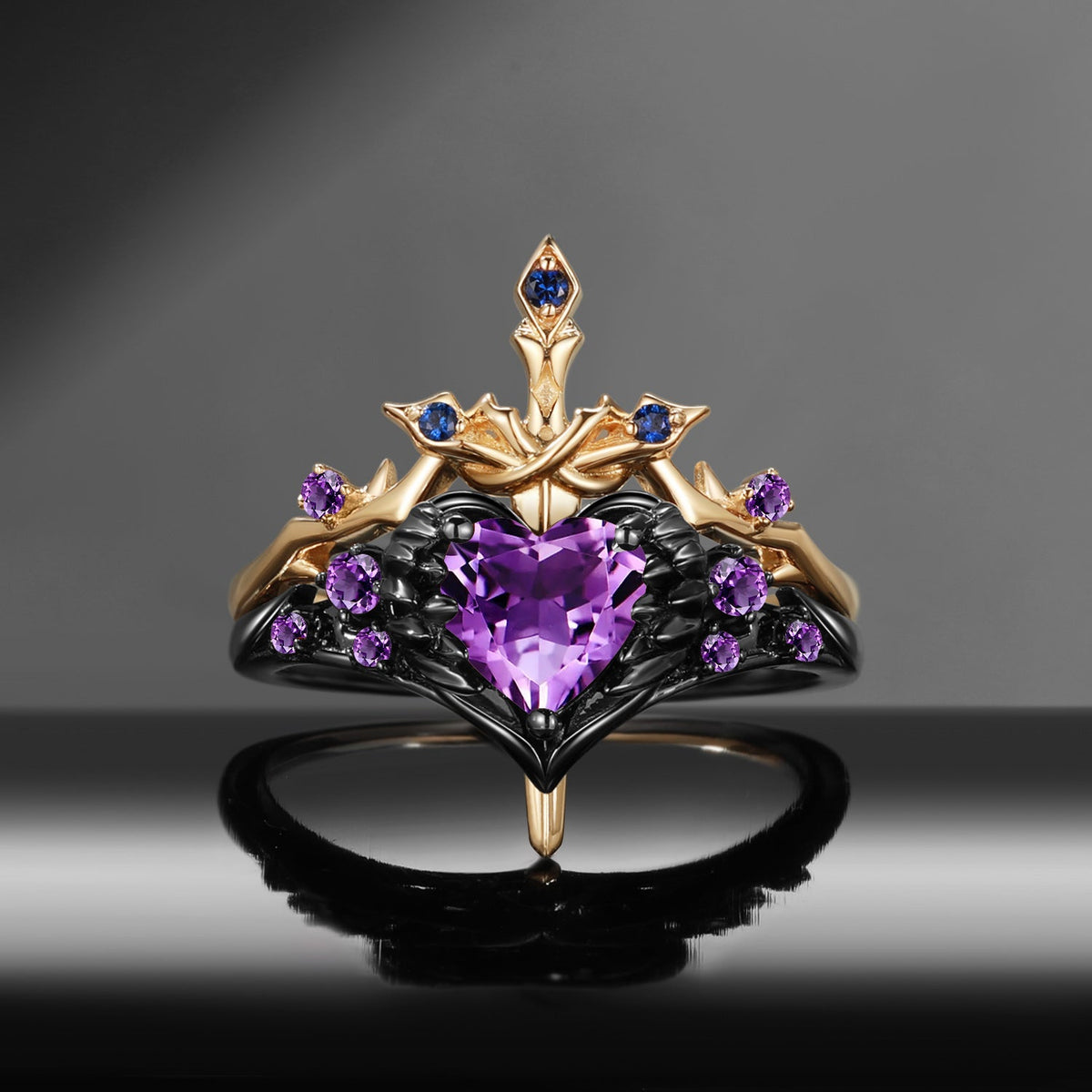 'Pierced Heart' - Gothic Style Garnet Heart Sword Ring Two-Tone Bridal Set 2pcs