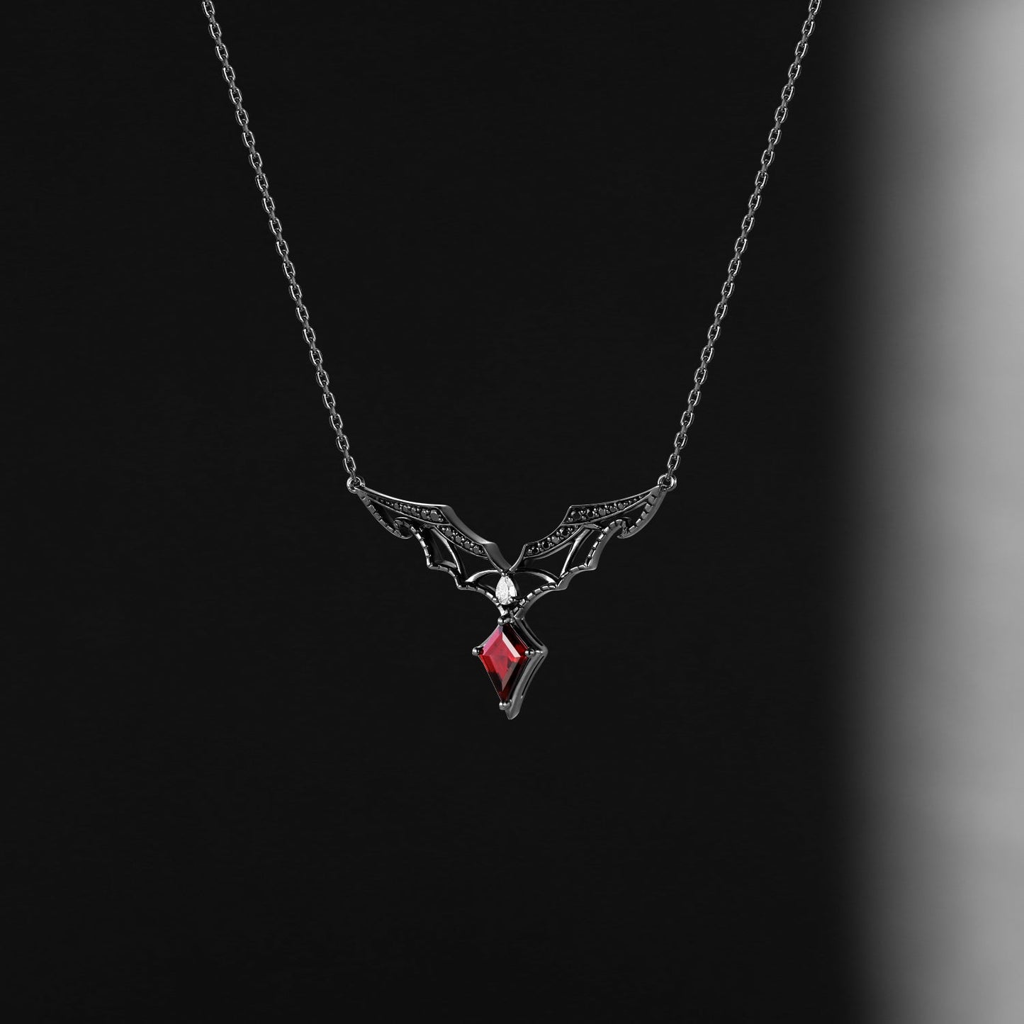 Unique Gothic Kite Cut Garnet Dark Elegance Bat Wing Necklace
