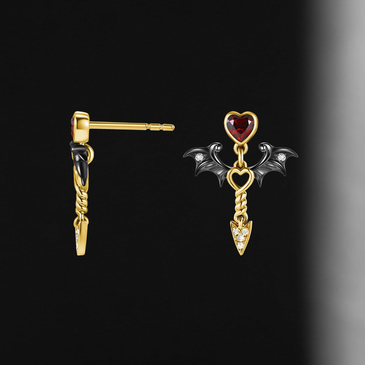 Gothic Bat Inspired Heart Shaped Garnet Earrings - 'Dark Arrow of Love'
