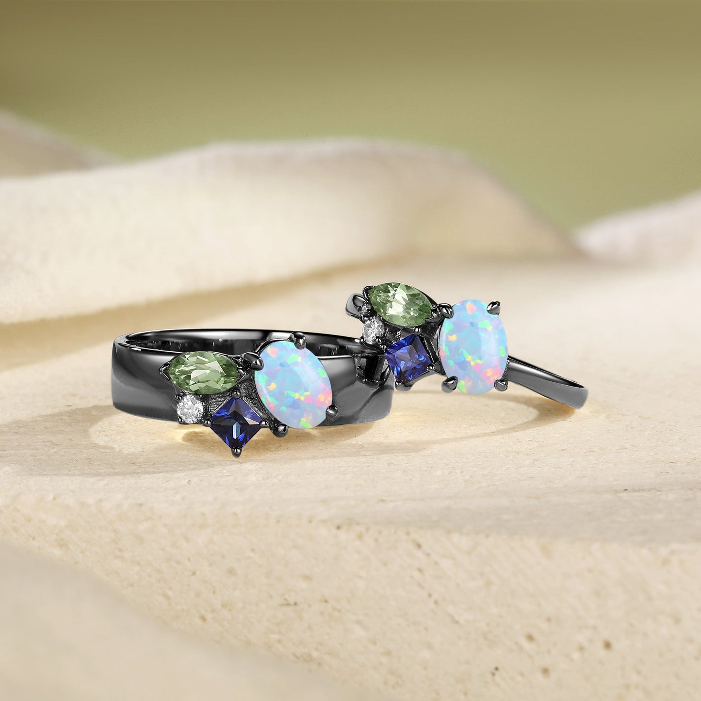 Three-Stone Opal And Sapphire Vine Cluster Couple Ring