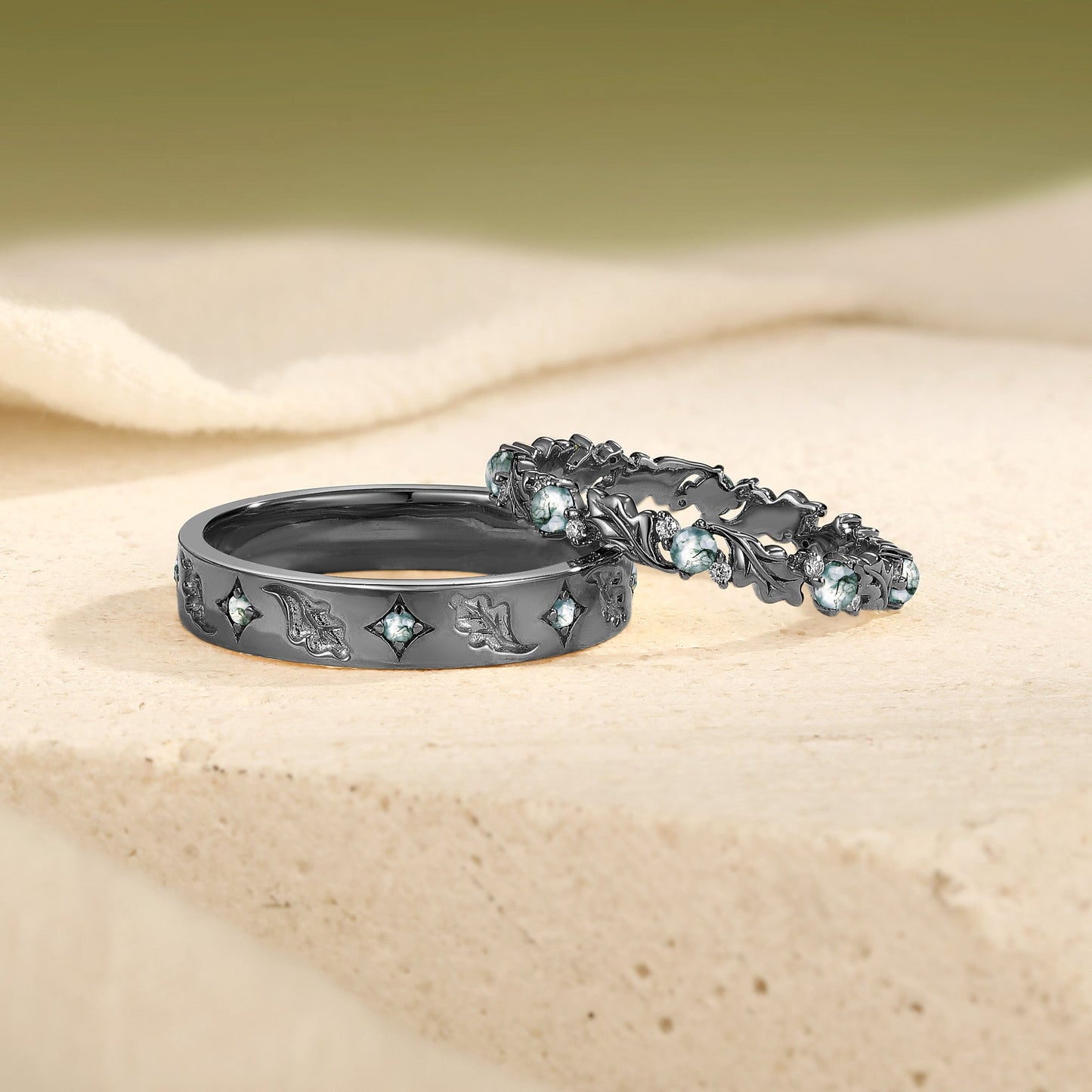 Nature-Inspired Oak Leaf Moss Agate Matching Wedding Band Set