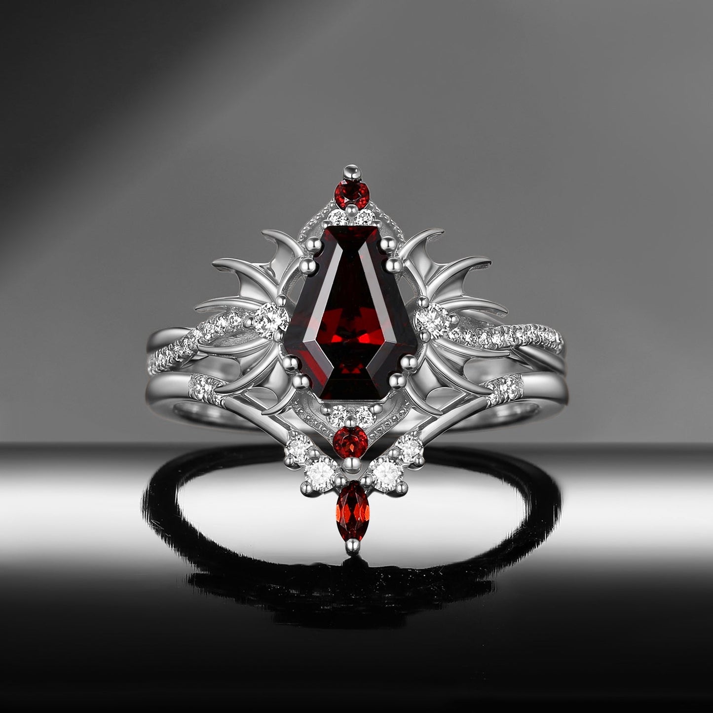 'Angel in Disguise' - Gothic Coffin Garnet Infinity Bat Engagement Ring Set in Black Gold