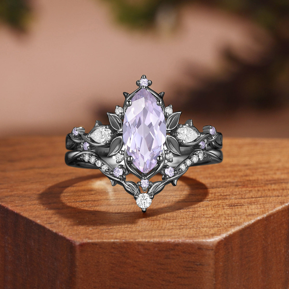 Forest Fairy Marquise Cut Lavender Sapphire Leafy Inspired Bridal Set 2pcs - Fae