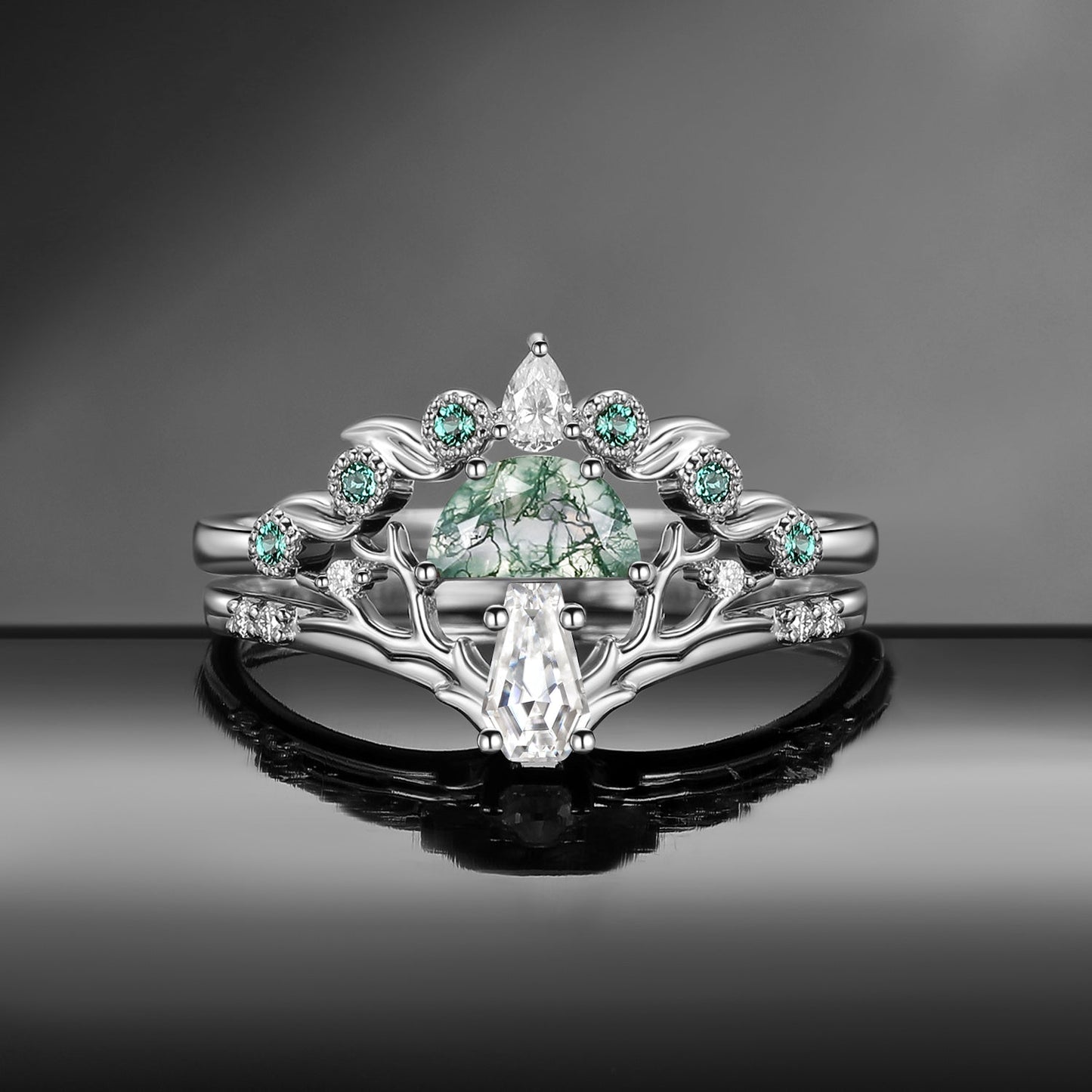 Tree of Life - Nature Inspired Half Moon Moss Agate + Coffin Cut Moissanite Mushroom Engagement Ring Set with Tree-Branch Inspired Band