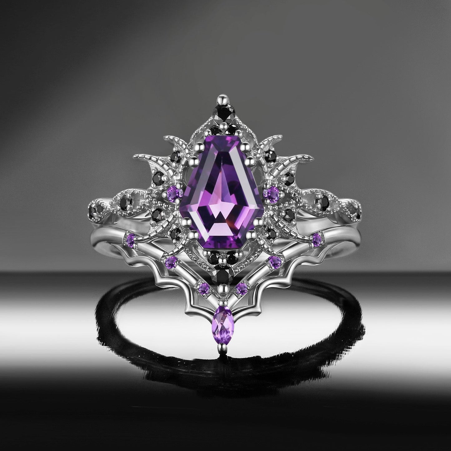 'Bat Romance' - Gothic Coffin Cut Garnet Engagement Ring Set with Bat Wing Milgrain in Black Gold-Bat Ring