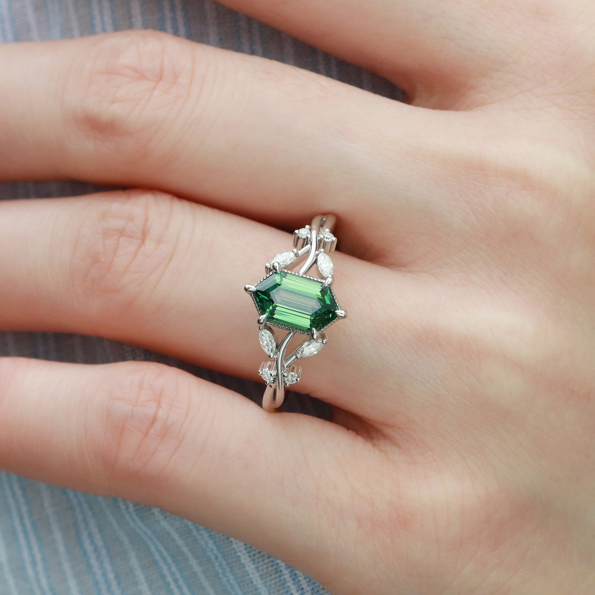 Elongated Hexagon Lab Green Sapphire Dainty Engagement Ring - Aerith