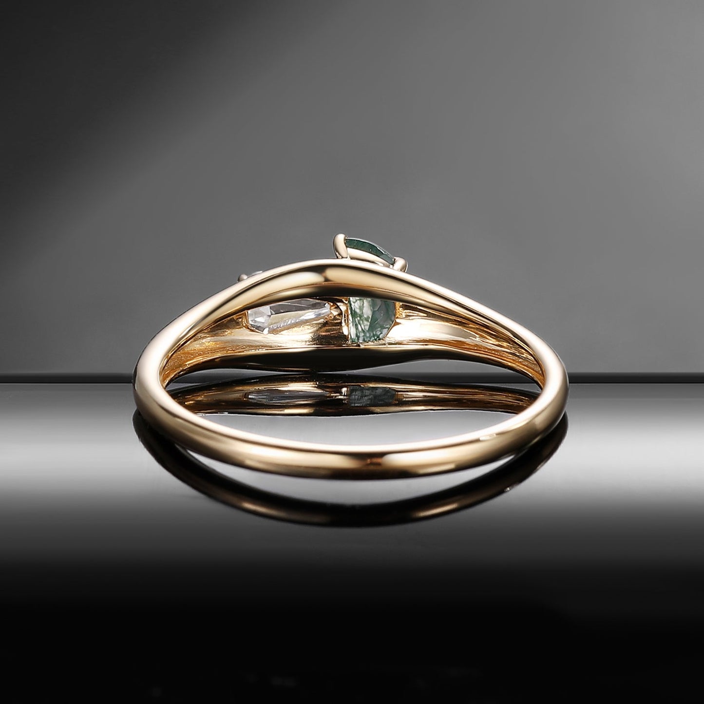 Tree of Life - Half Moon Moss Agate & Coffin Moissanite Mushroom Ring Filigree Wedding Band