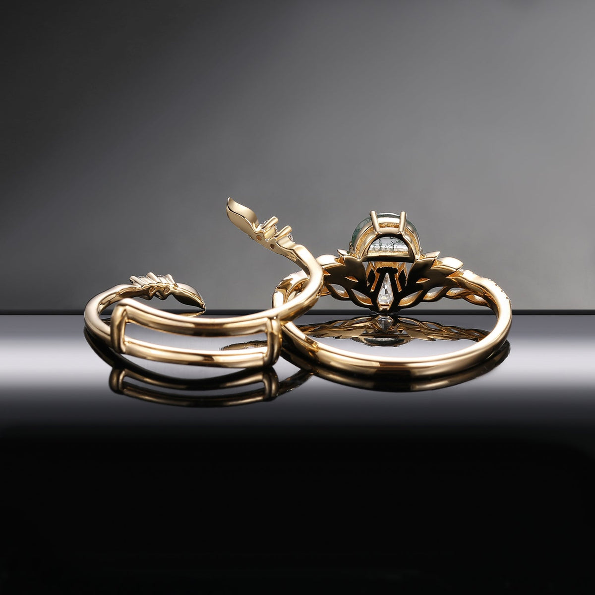 Tree of Life - Nature Inspired Half Moon Moss Agate & Coffin Moissanite Mushroom Cage Ring Set