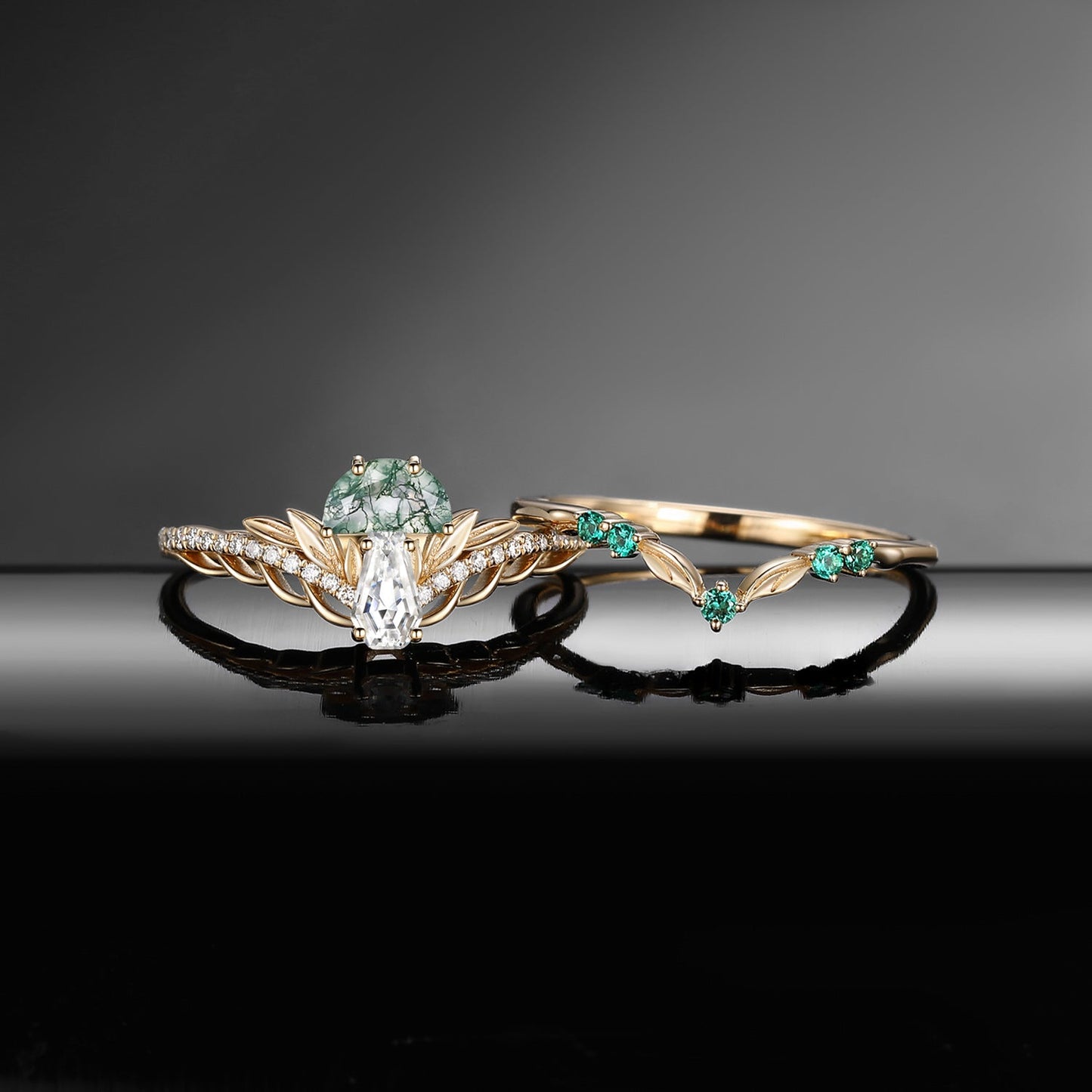 Tree of Life - Nature Inspired Coffin Moissanite & Moss Agate Mushroom Engagement Ring Set