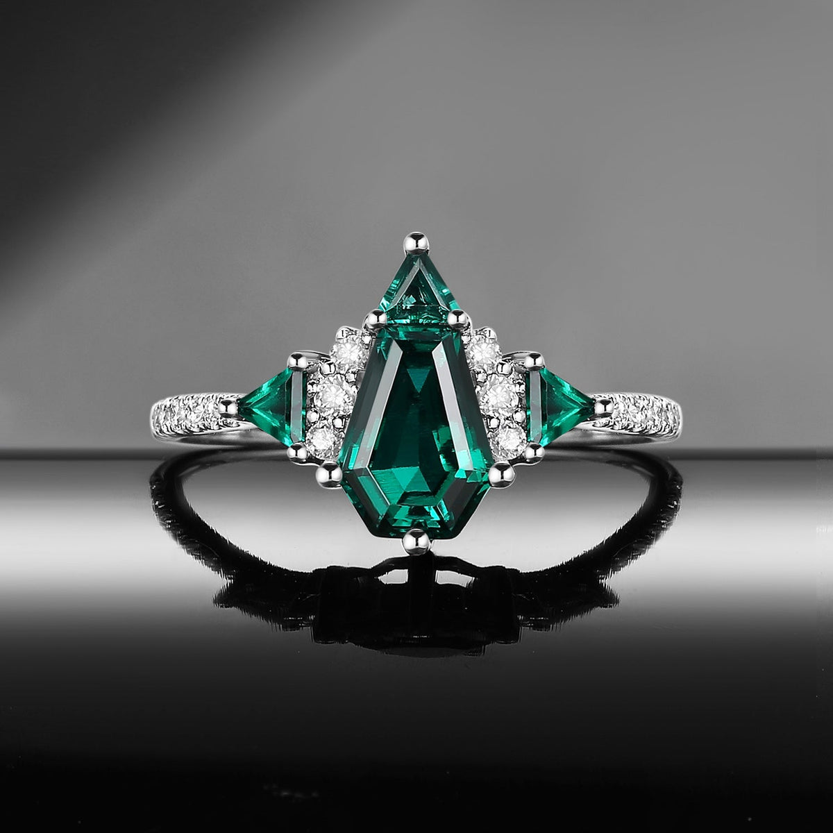Classic Style Coffin Cut Lab Emerald Engagement Ring with Triangle Emrald Cluster