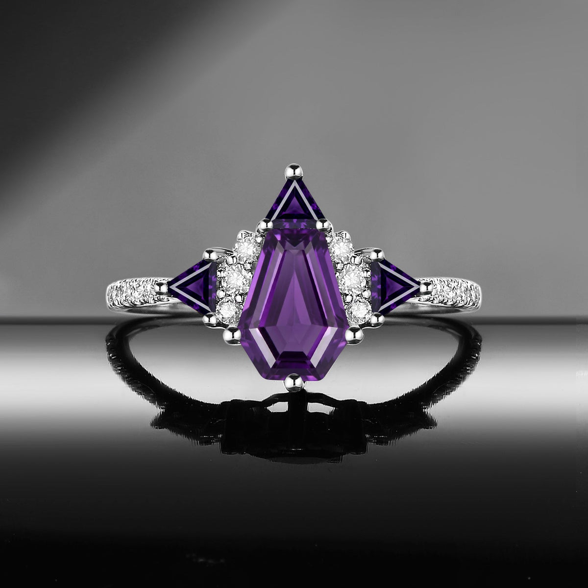 Classic Style Coffin Cut Amethyst Engagement Ring with Triangle Amethyst Cluster