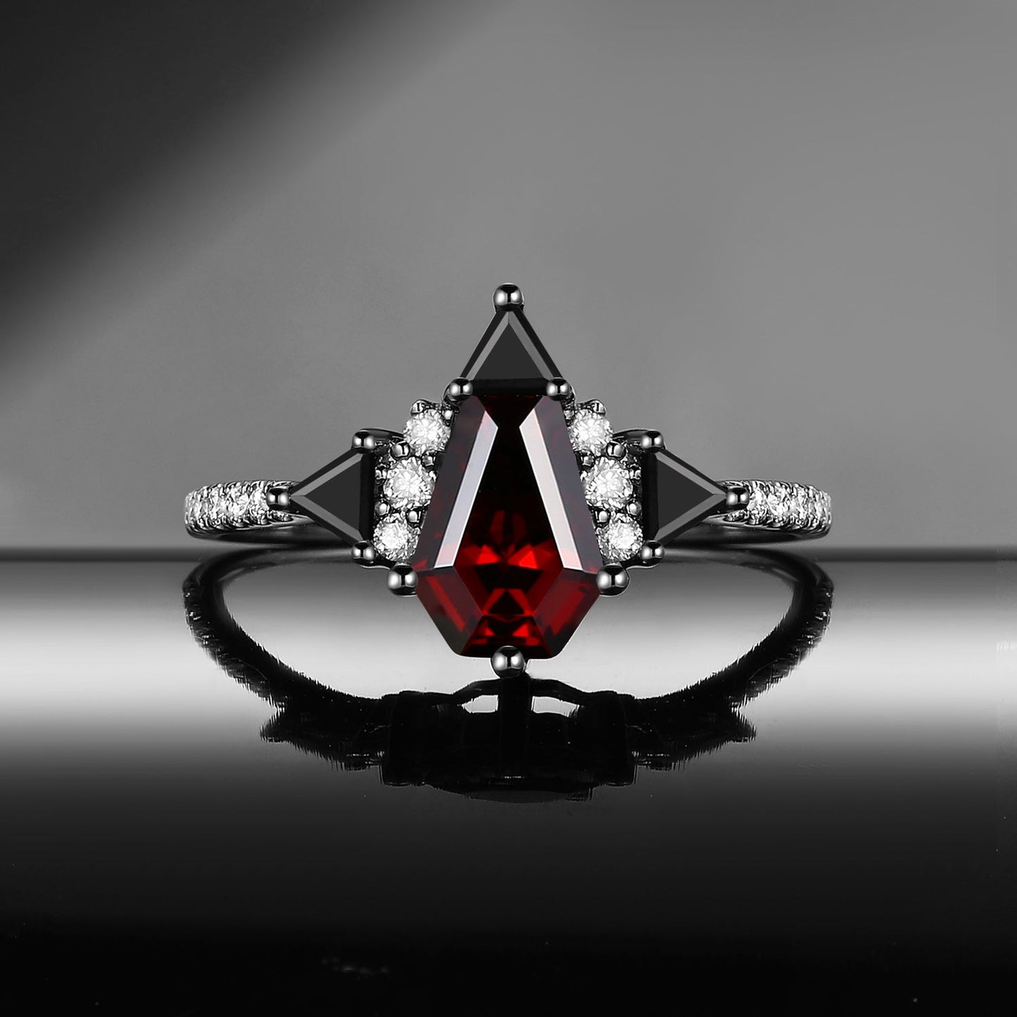 Classic Style Coffin Cut Garnet Engagement Ring with Triangle Moissanite Cluster