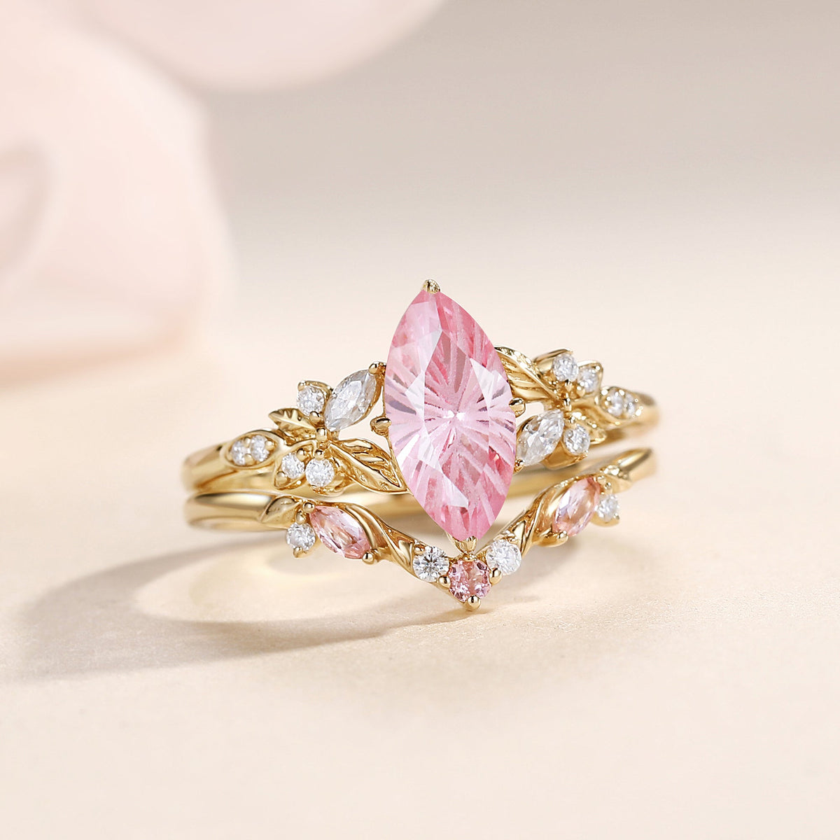 Firework Cut Marquise Lab Pink Sapphire Leaf Dainty Engagement Ring Sets 2pcs - Peony