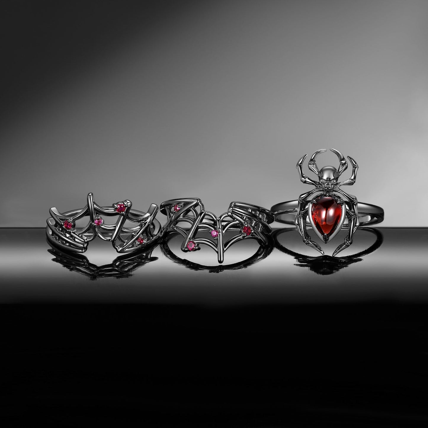 Gothic Pear Shaped Garnet Spider Inspired 'Disturbia' Engagement Ring Set 3pcs