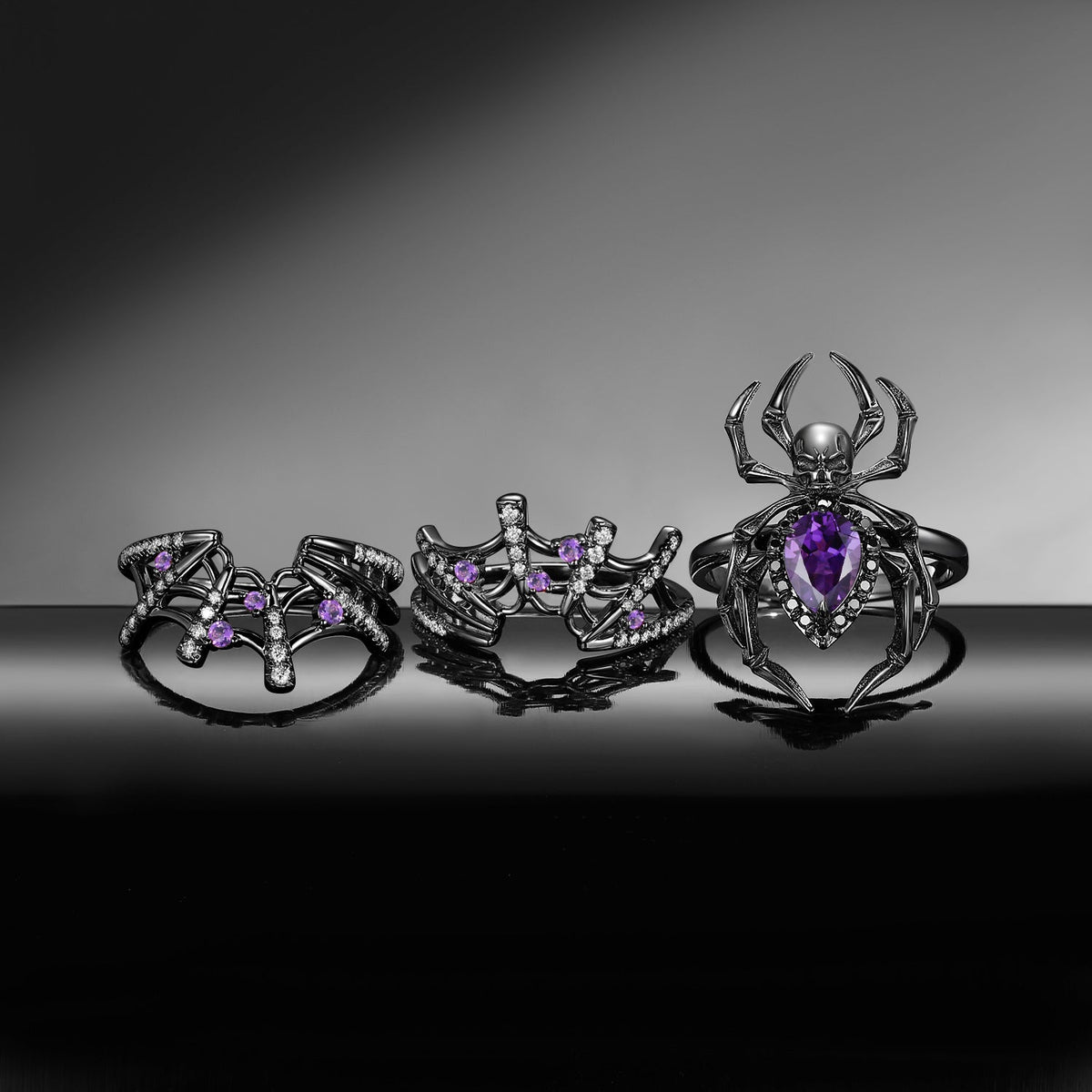 Spider Ring 'The Web' - Gothic Pear Cut Amethyst Engagement Ring Set with Skull Inspired Band