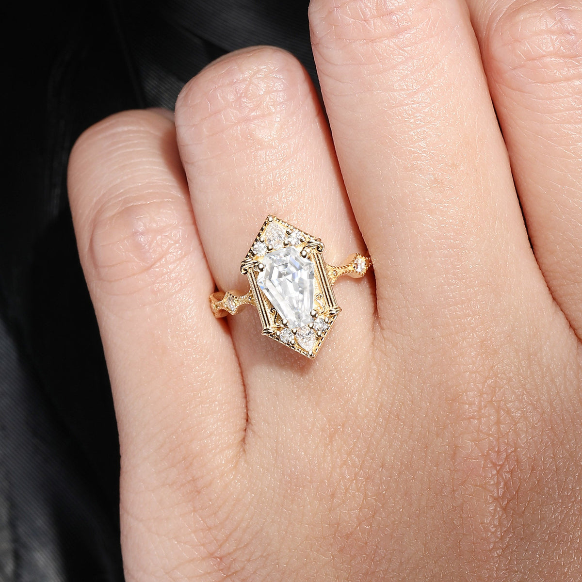 Vampire Shield – Vintage Art Deco Coffin Cut Moissanite Fallen Aegis Engagement Ring