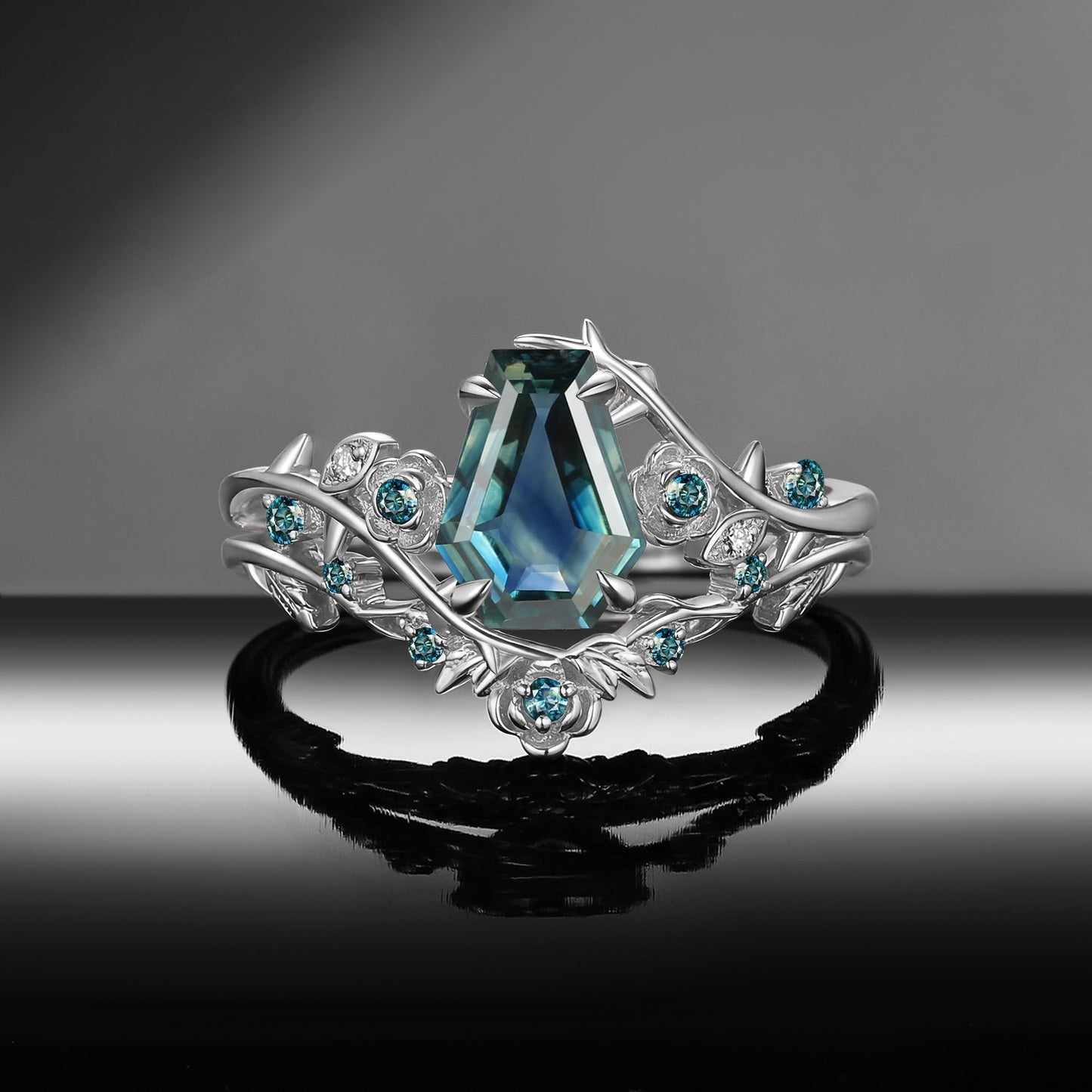 Thorns & Roses - Nature Inspired Coffin Cut Natural Teal Sapphire Engagement Ring Bridal Set with Diamond Accents