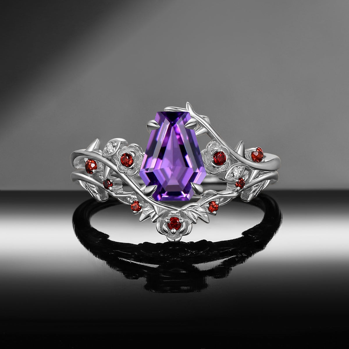 'The Fine Print' - Nature Inspired Coffin Amethyst Thorns & Roses Engagement Ring Set