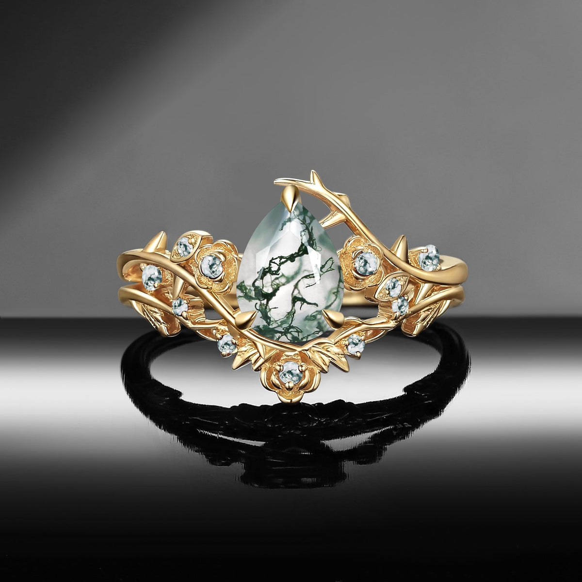 Gothic Nature Inspired Pear Cut Moss Agate Engagement Ring Set 2pcs - 'Thorns & Roses'