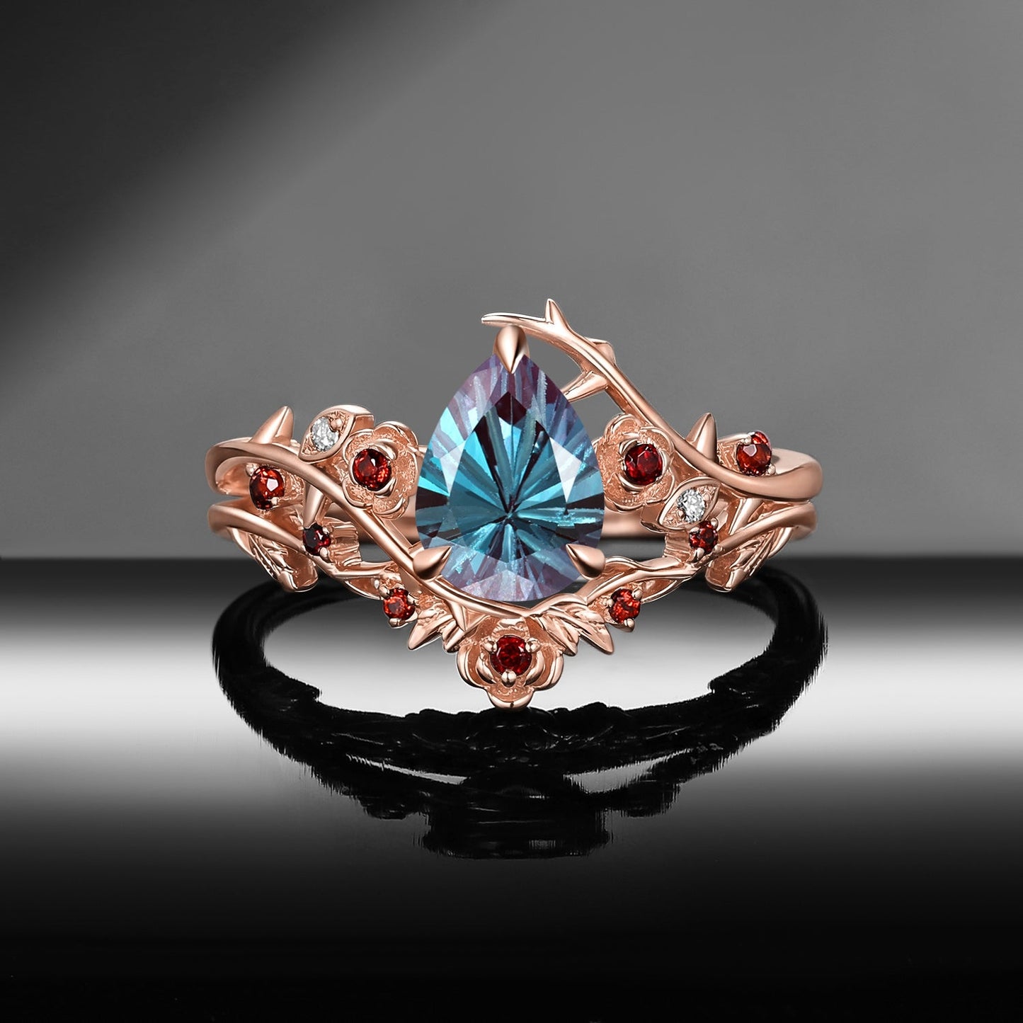 Thorns & Roses - Nature Inspired Firework Cut Pear Lab Alexandrite Engagement Ring Set