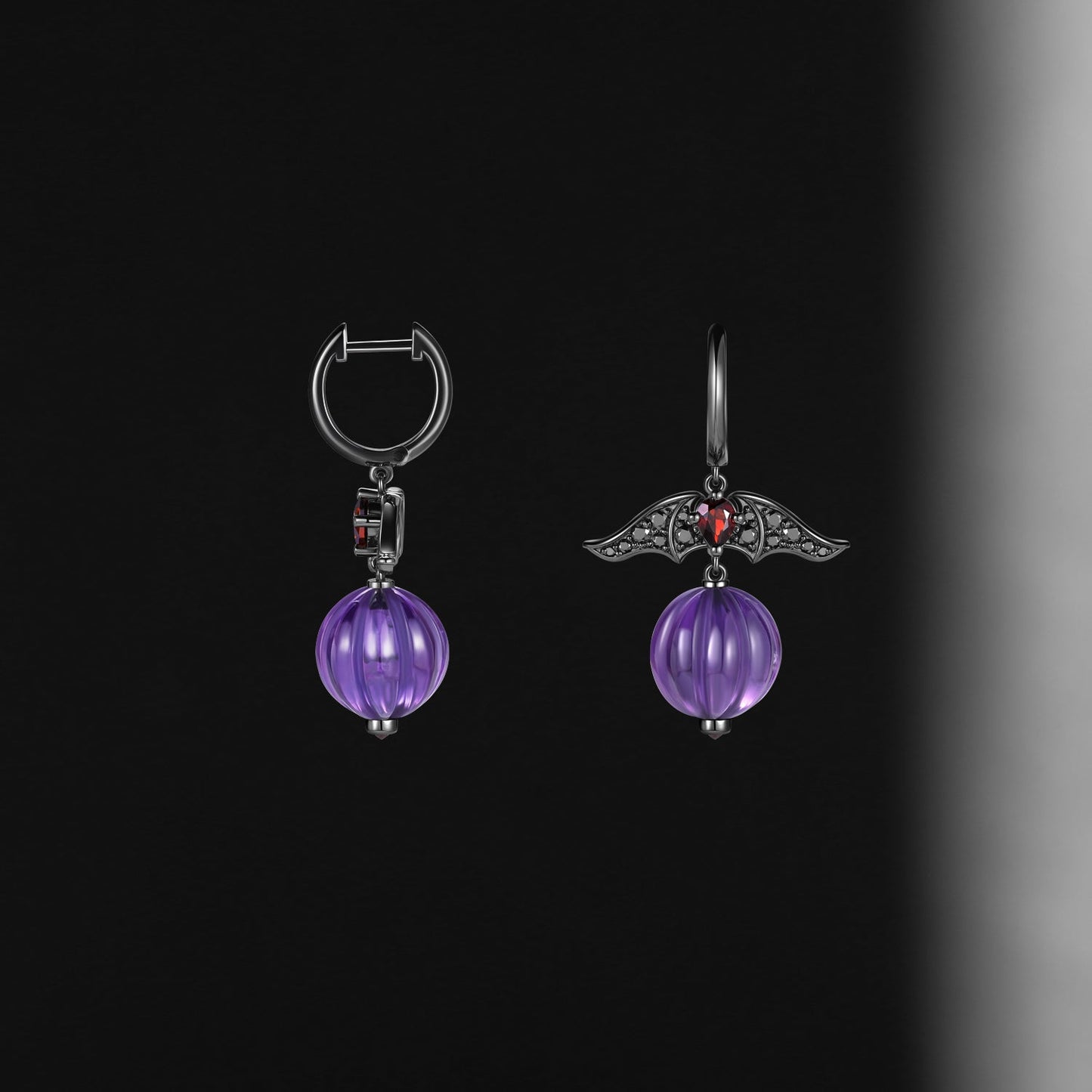 Amethyst Gothic Bat & Pumpkin Shaped Halloween Stud Earrings