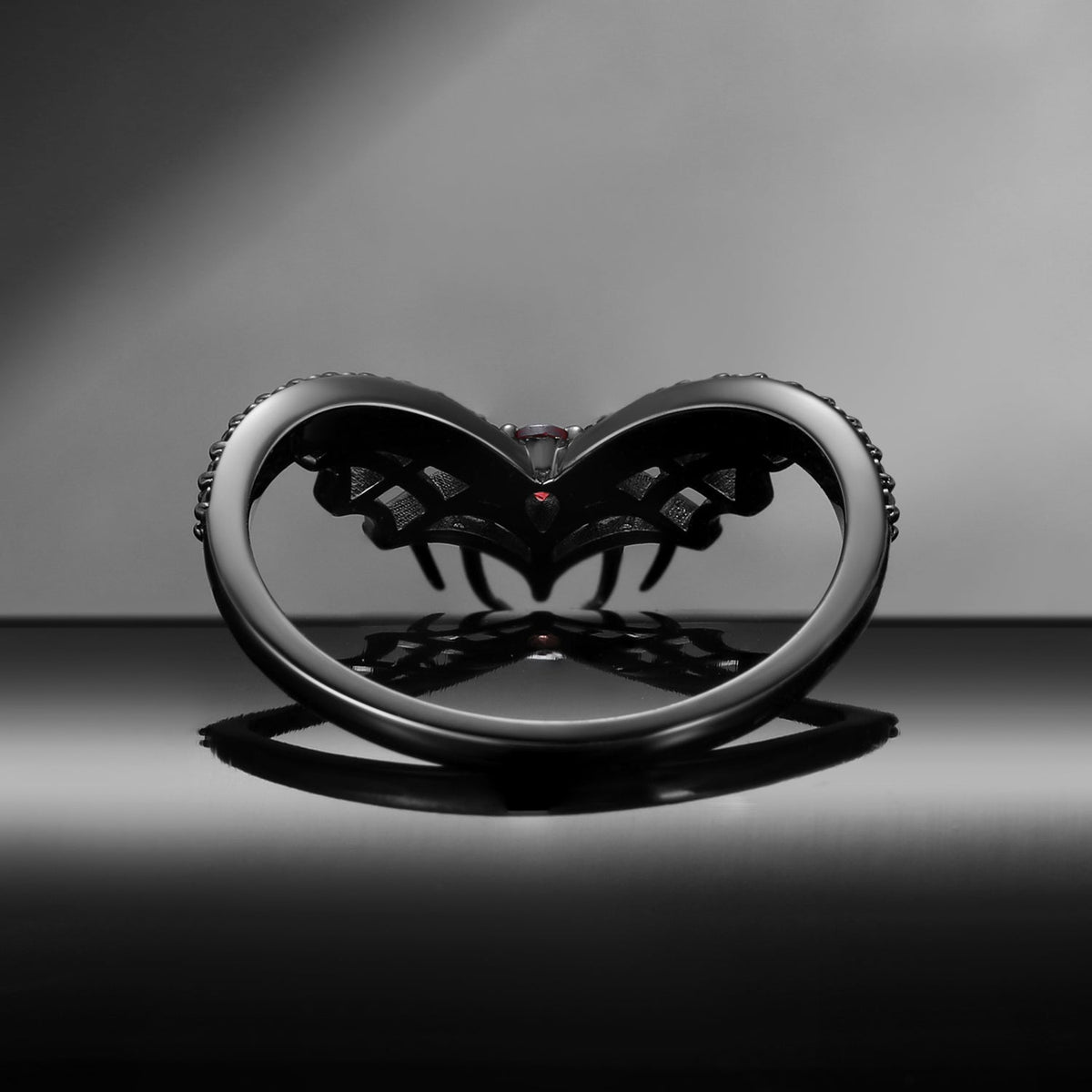 Pear shaped Garnet Curved Spider Web Halloween Wedding Band