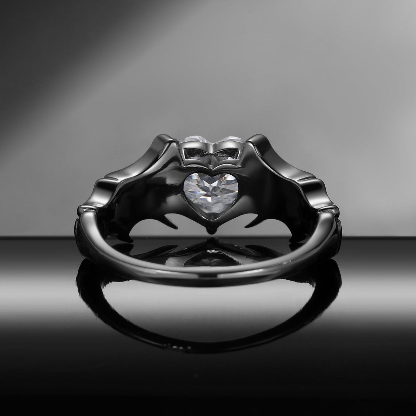 Heart Shaped Moissanite Gothic Inspired Black Gold Engagement Ring - Bat Ring