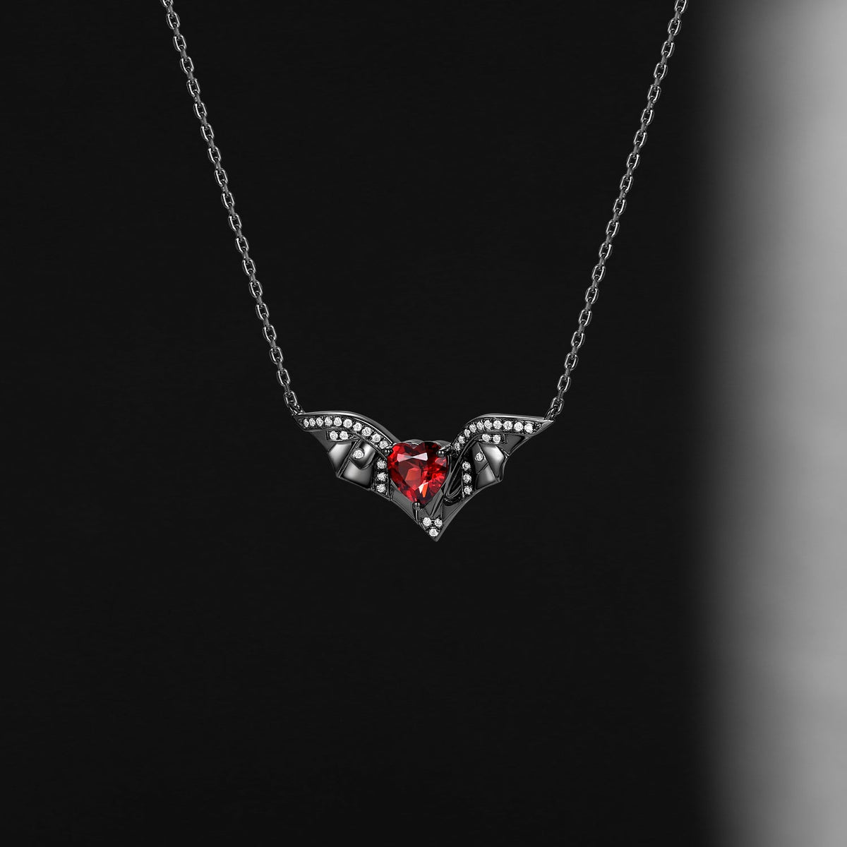 Unique Heart Shaped Garnet Necklace Bat Wing Halloween Jewelry