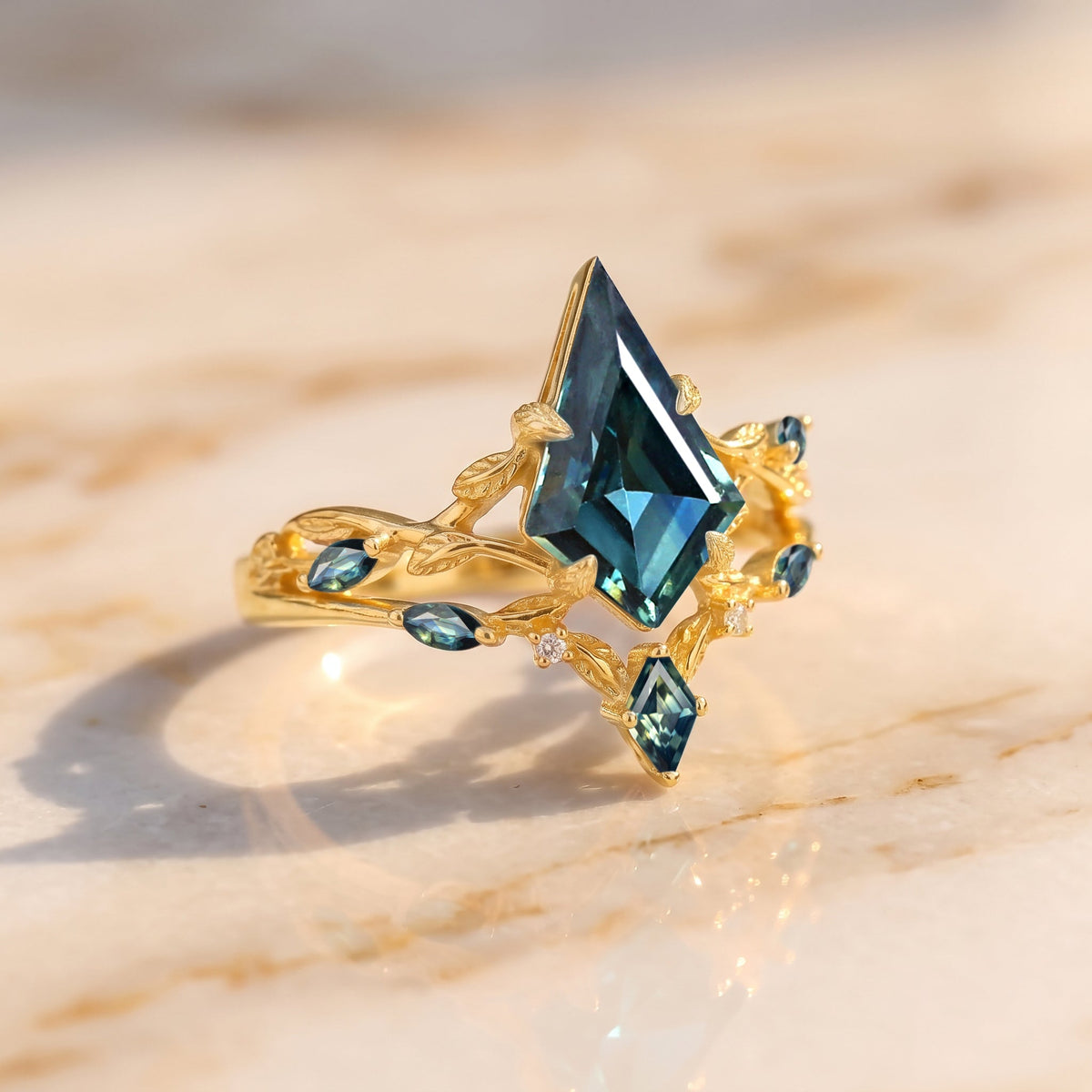 Kite Cut Teal Sapphire Leaf Minimali Engagement Ring Sets 2pcs - Celandine