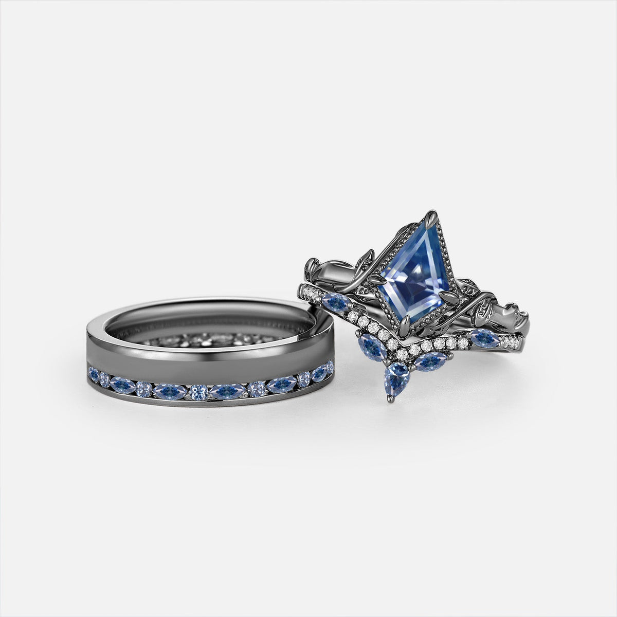 Luminous Reverie - Kite Cut Green Blue Moissanite Leaf Bezel Vintage Couple Ring Set 3pcs - Calanthe