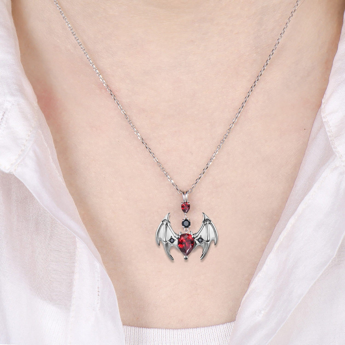 Gothic Bat Garnet Necklace, Pear Cut Red Garnet Pendant, Vampire Bat Wings Jewelry, Dark Academia Black Spinel Charm, Halloween Gift for Her