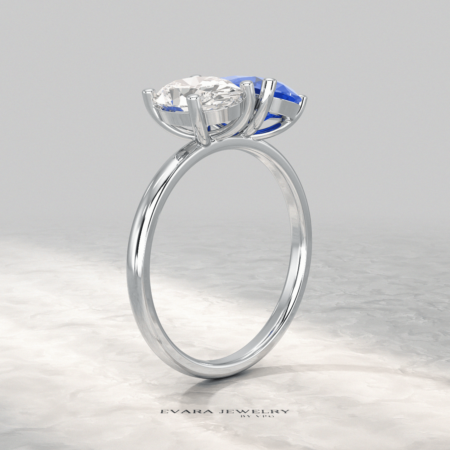 2.40 Carat Oval Cut Diamond & Pear Cut Blue Sapphire Toi Et Moi Two Stone Ring