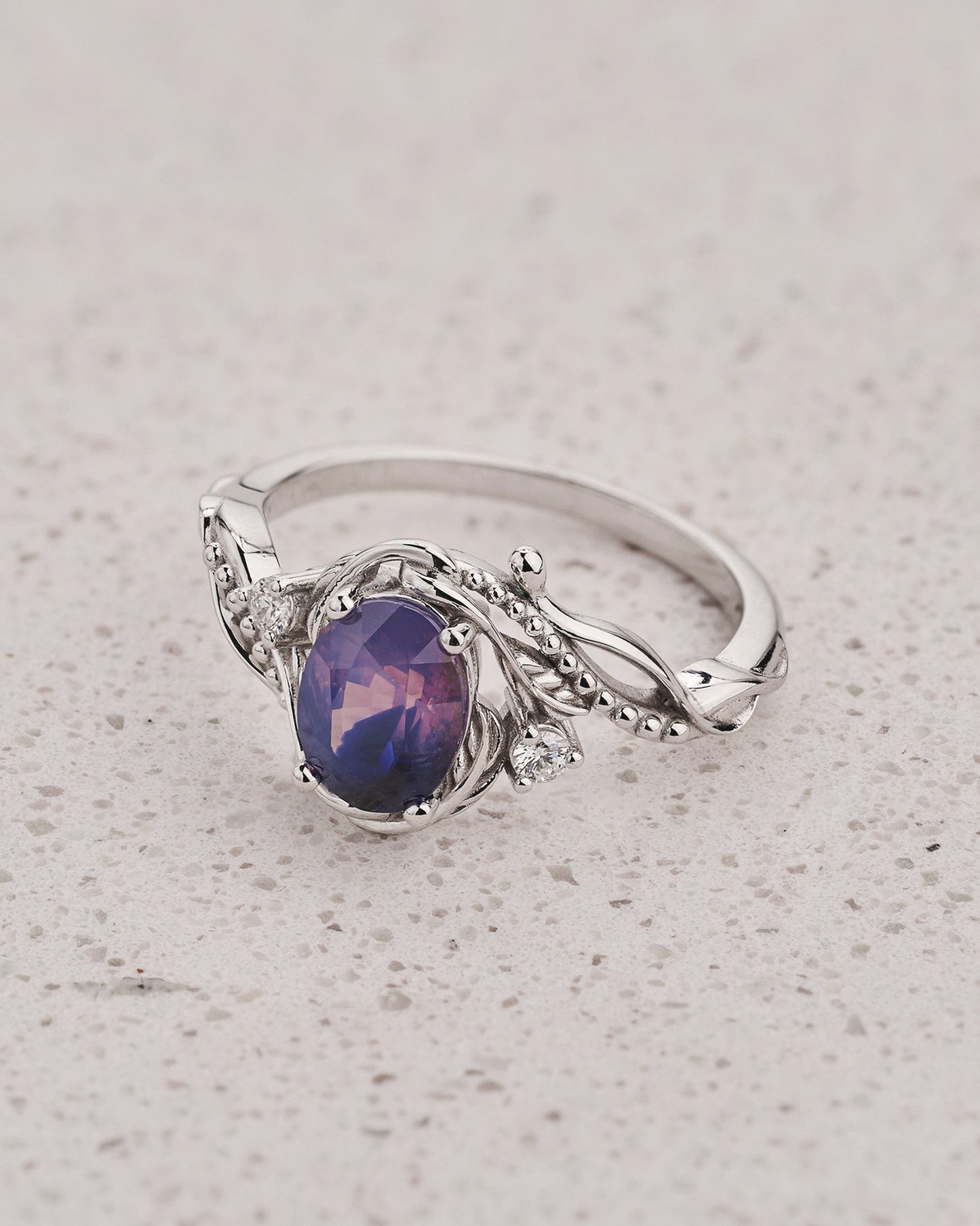 READY TO SHIP Undina Engagement Ring with Oval Opalescent Purplish-pink Sapphire, 14K white gold, RING SIZES: 5.5 - 8.5 US