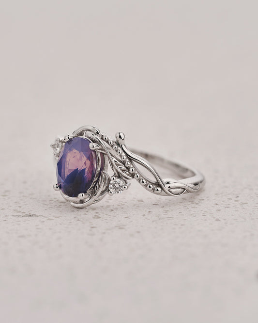 READY TO SHIP Undina Engagement Ring with Oval Opalescent Purplish-pink Sapphire, 14K white gold, RING SIZES: 5.5 - 8.5 US