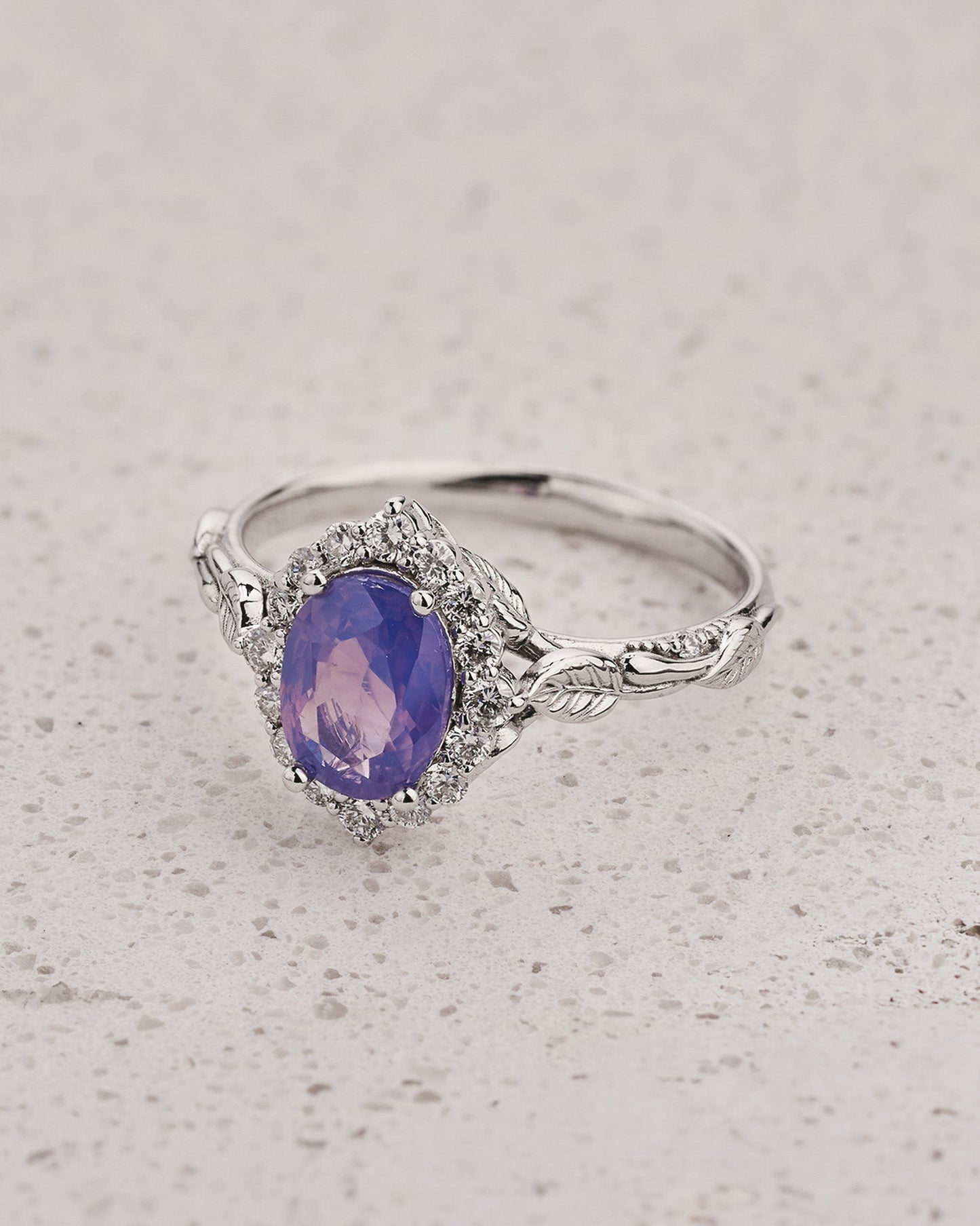 READY TO SHIP Florentina Ring with Oval Opalescent Pinkish-purple Sapphire and Accent Diamonds, 14K white gold, AVAILABLE RING SIZE: 5.5 - 8.5 US