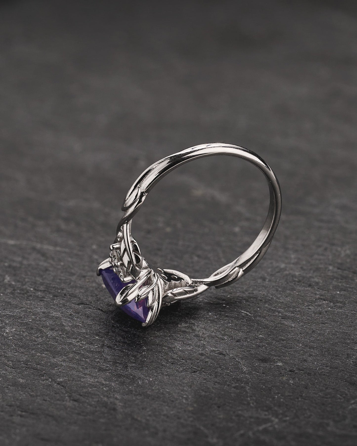 READY TO SHIP Gloria ring with Emerald-cut Opalescent Pinkish-Purple Sapphire, 14K white gold, AVAILABLE RING SIZES: 5.5 - 8.5 US