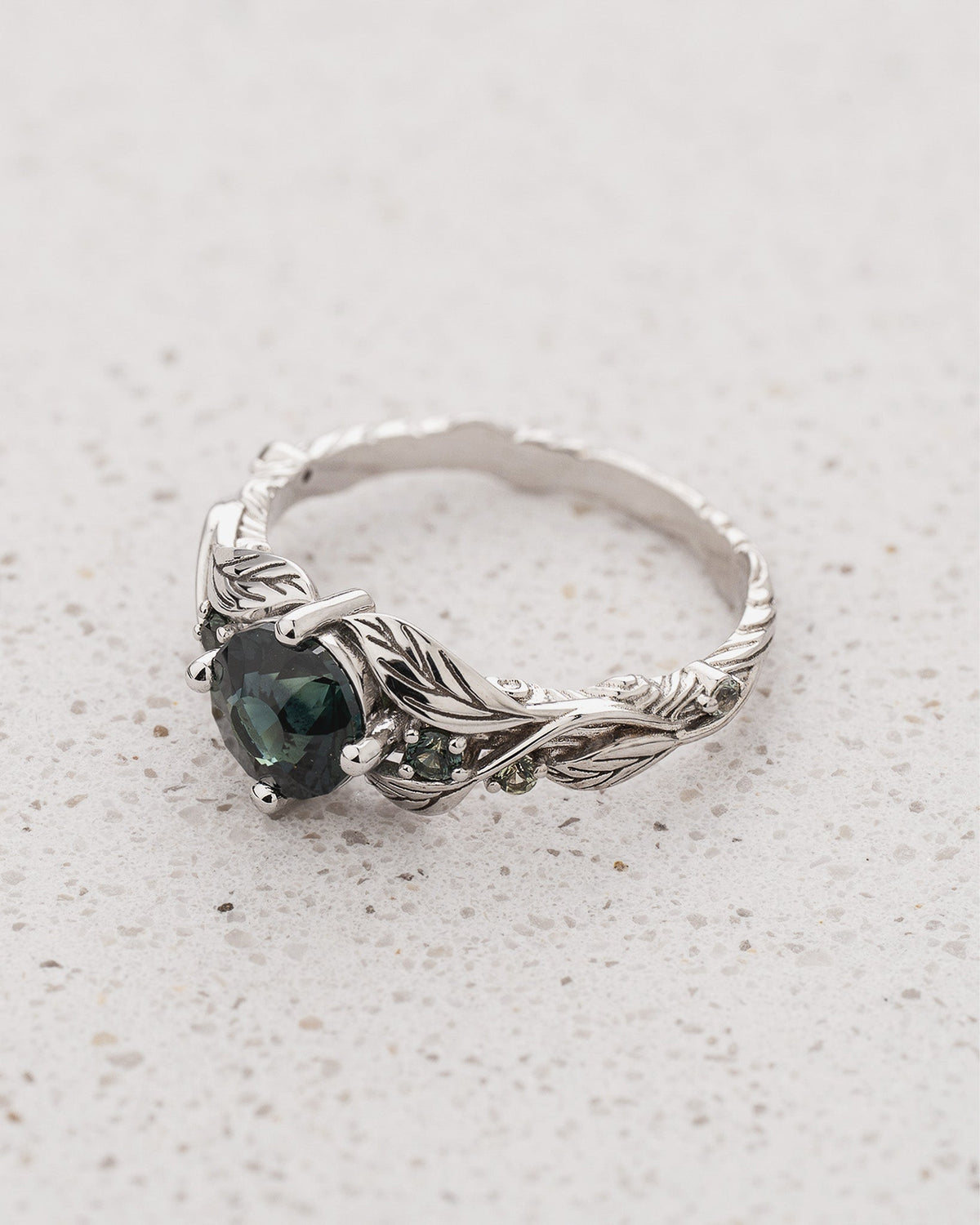 READY TO SHIP Clematis Engagement Ring with Round Teal Sapphire and Accent Sapphires, 14K white gold, AVAILABLE RING SIZES: 5.5 - 8.5 US