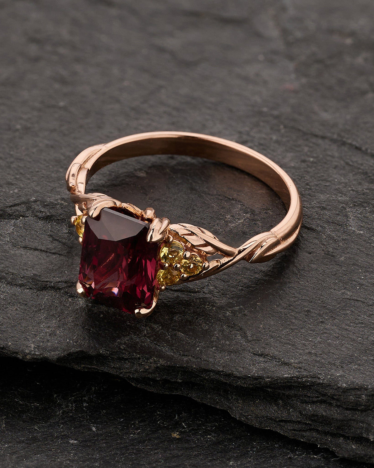 READY TO SHIP Gloria Engagement Ring with Emerald-Cut Rosewood Red Spinel and Accent Yellow Sapphires, 14K rose gold, AVAILABLE RING SIZES: 5.5 - 8.5 US