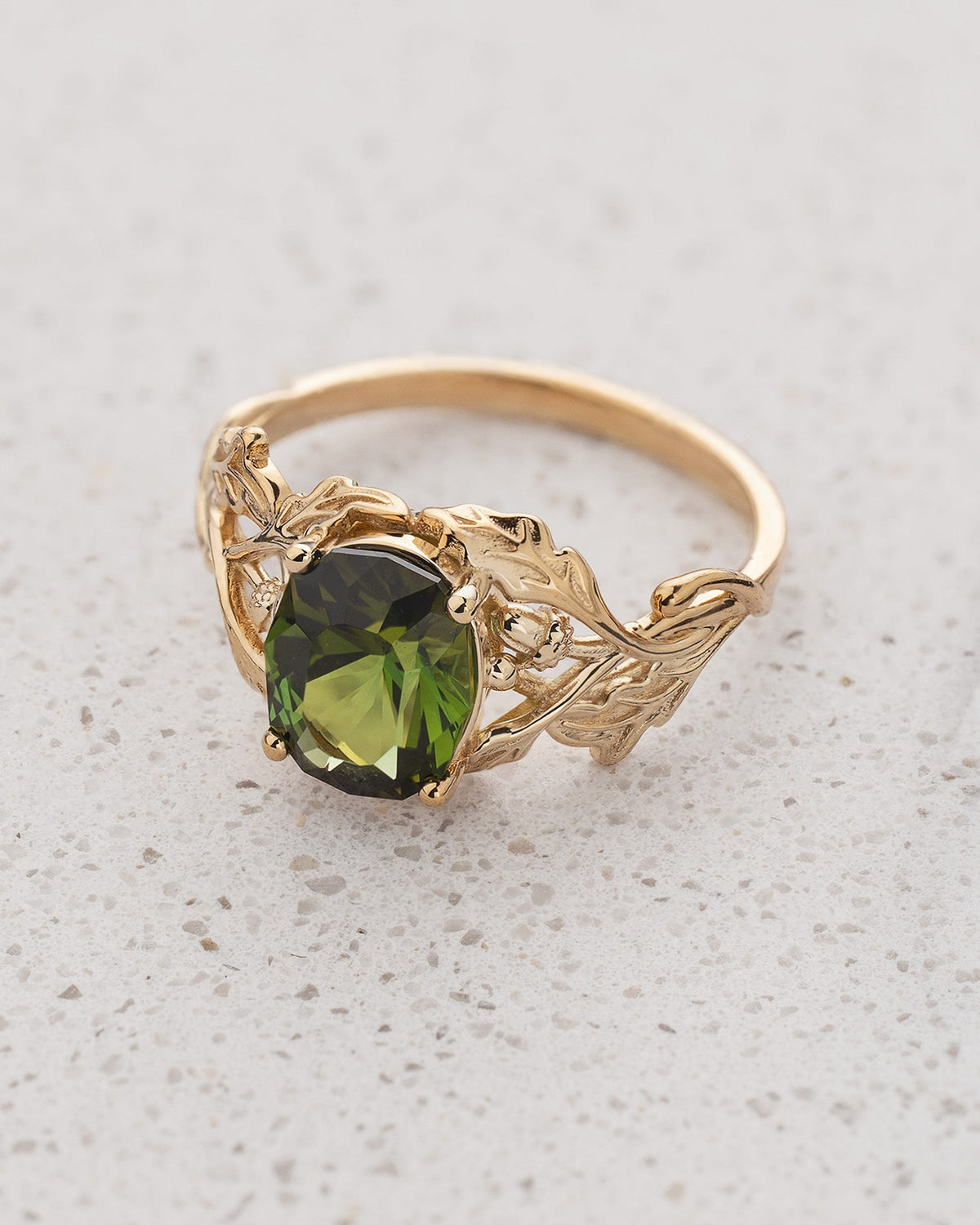 READY TO SHIP Dair Engagement Ring with Oval Green Tourmaline, 14K yellow gold, AVAILABLE RING SIZES: 5.5 - 8.5 US
