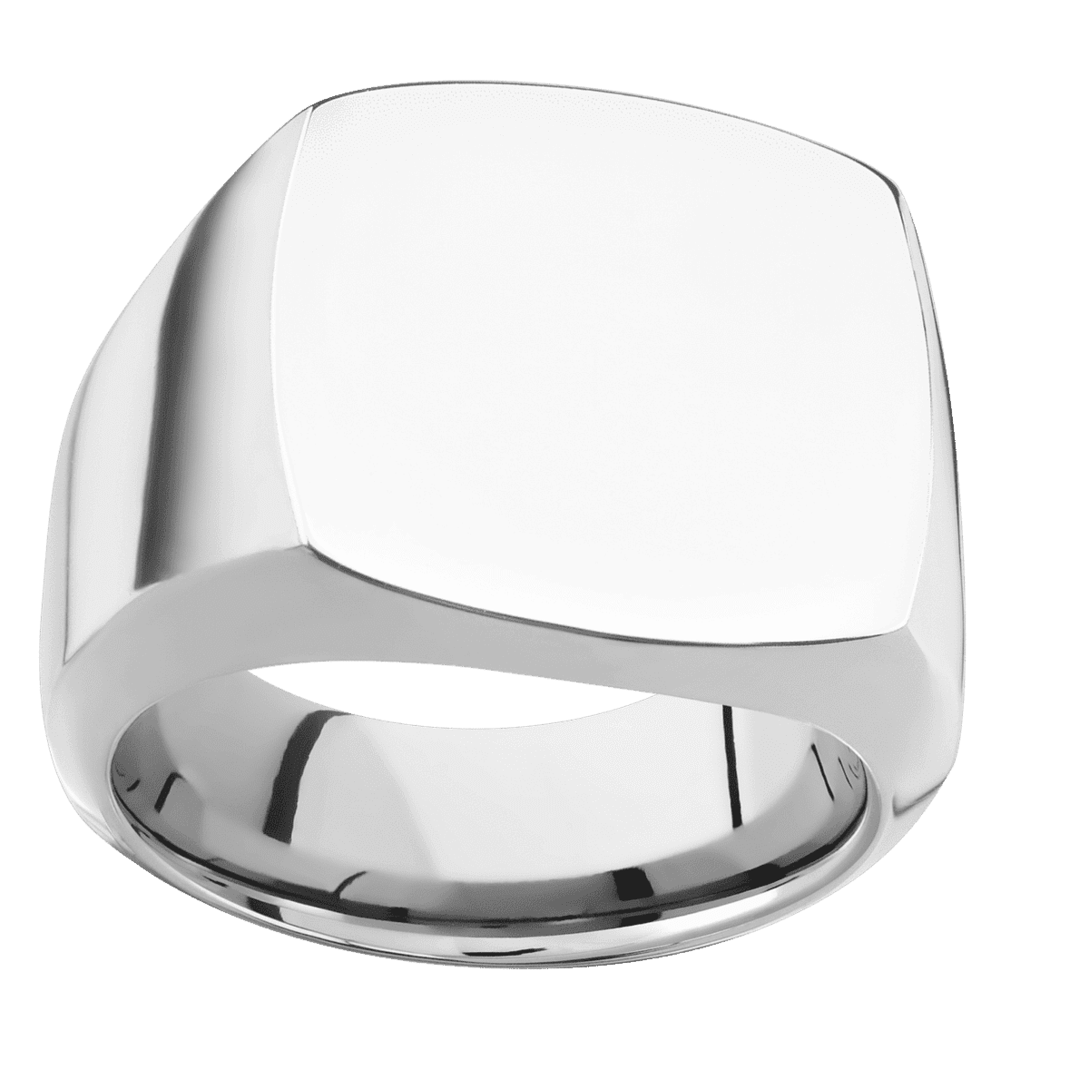 Large Cushion signet ring (18x18mm) in Platinum, with a Wide style band.