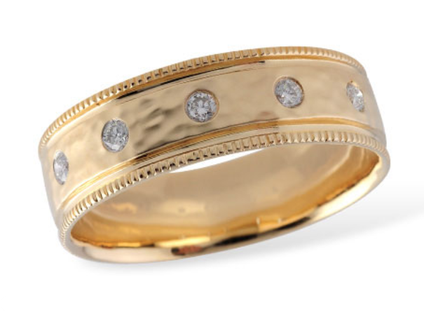 14KY Men's Hammered Gypsy-set Diamond Ring with Milgrain