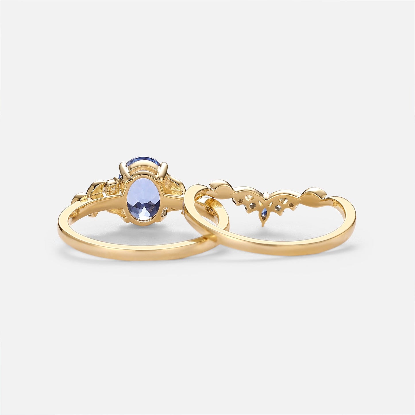 Oval Cut Lab Cornflower Sapphire Engagement Ring Sets 2pcs - Anouk