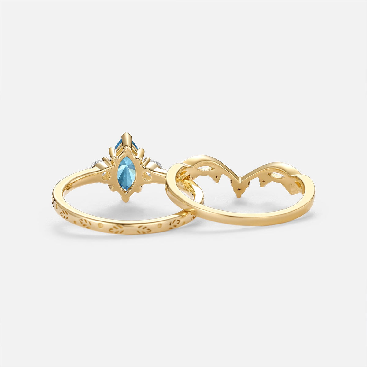 Marquise Blue Lab Grown Diamond Engraved Engagement Ring Sets 2pcs - Caelum