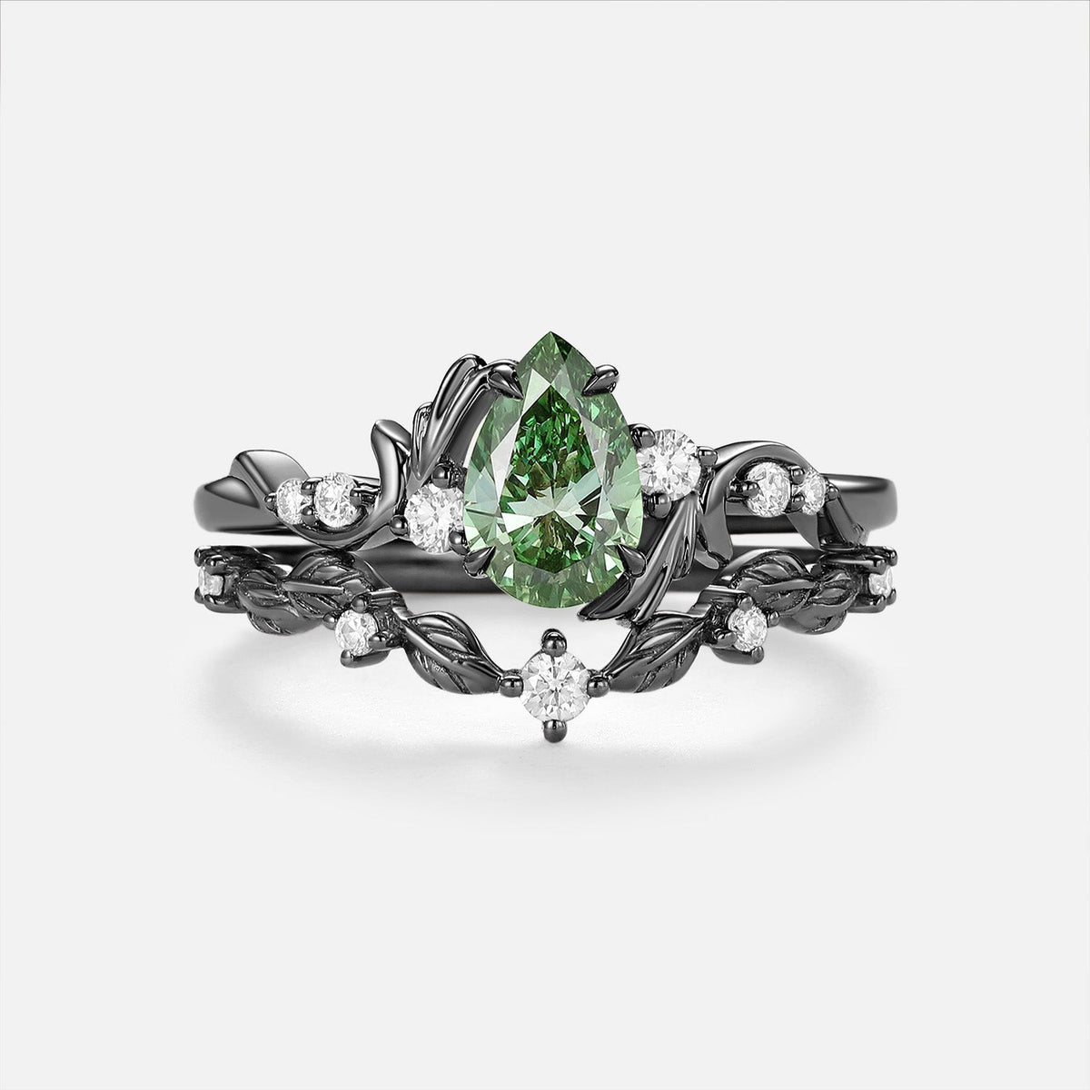 Pear Cut Lab Green Sapphire Leafy Engagement Ring Sets - Arden