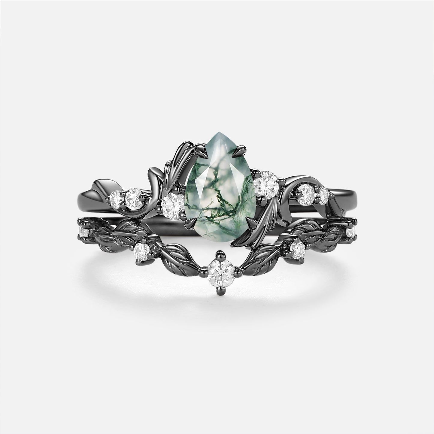 Pear Cut Moss Agate Leafy Dainty Engagement Ring Set 2pcs - Arden