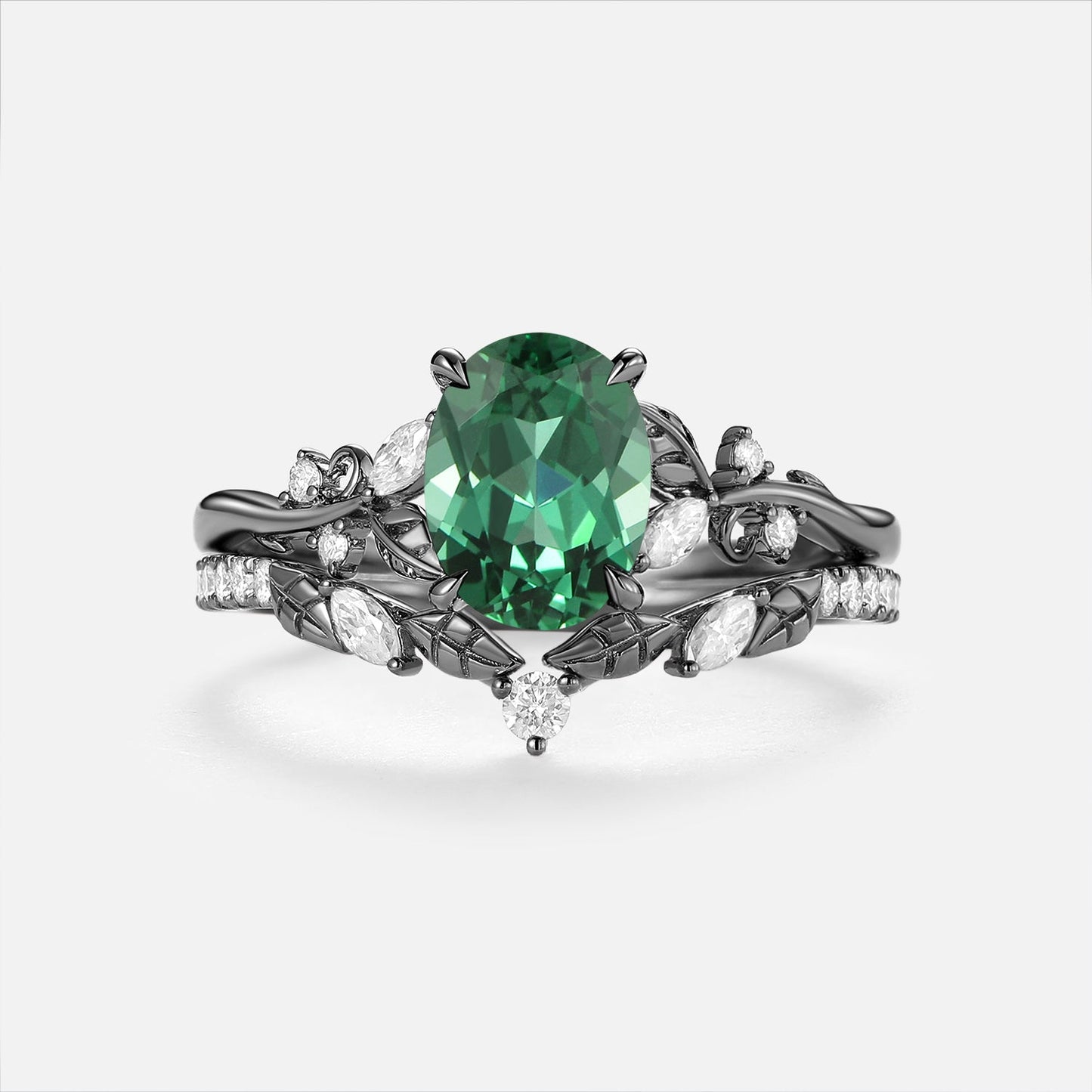 Oval Cut Lab Green Sapphire Leafy Engagement Ring Sets - Nieve
