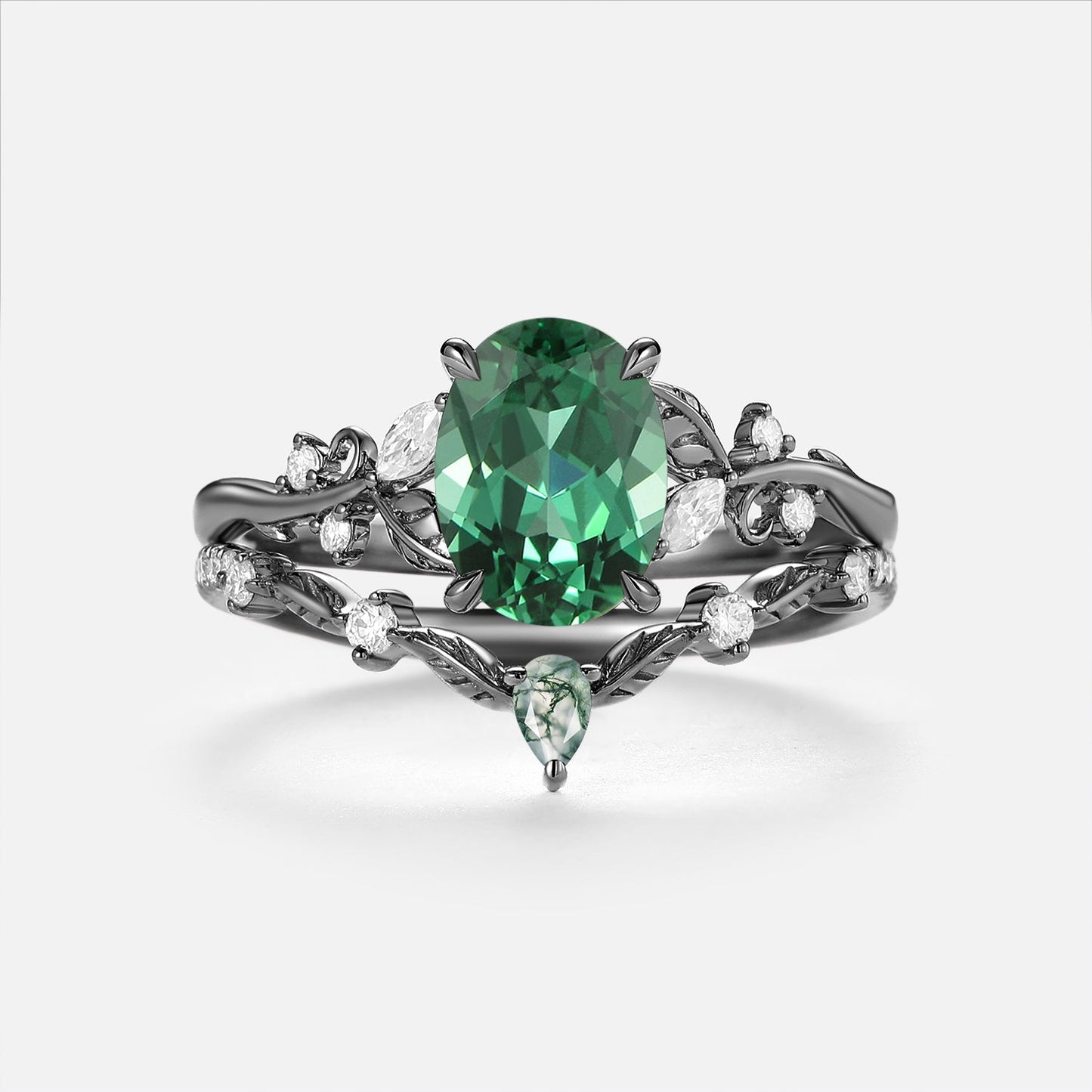 Oval Cut Lab Green Sapphire Leafy Engagement Ring Sets - Nieve